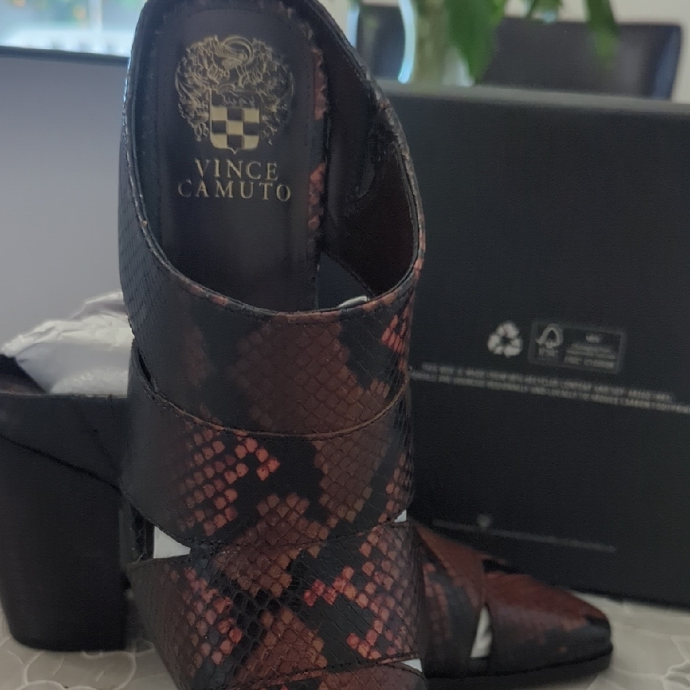Vince Camuto Black and Red Snake Print Mules - Picture 2 of 12